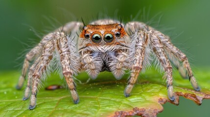 Wall Mural -  A close-up of a jumping spider on a green leaf with a blurred background