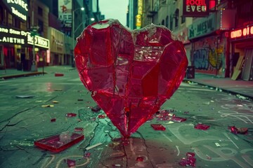 Sticker - Shattered red glass heart in a desolate urban setting, capturing themes of heartbreak and resilience for evocative stock images 