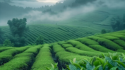 Wall Mural - Tea Garden on mountain. Generative AI.