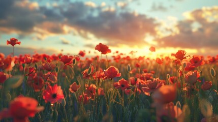 Wall Mural - A field of red flowers with a beautiful sunset in the background