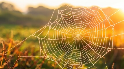  A spider web in the middle of a field with the sun shining through its center