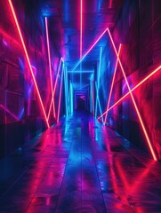 Wall Mural - A neon colored hallway with red and blue lights