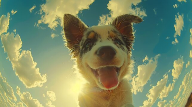  A detailed shot of a dog's face, positioned before a backdrop of a blue sky adorned with clouds Sunlight gleams upon the dog's head as its tongue extends