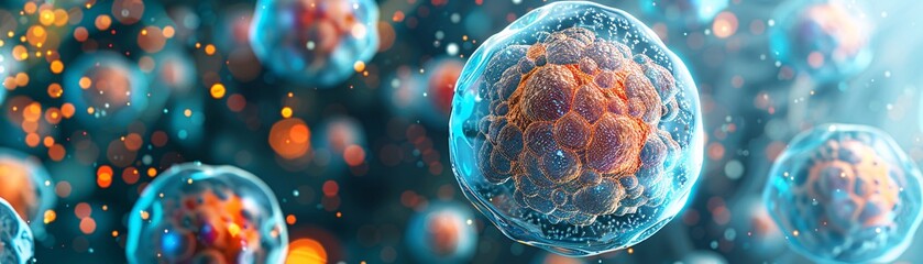 Poster - Microscopic view of cells and structures, medical and healthcare illustration for pharmaceutical and medical device marketing, copyspace, documentary photography style