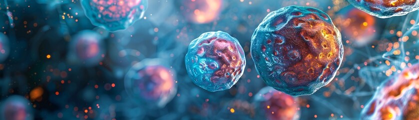 Poster - Microscopic view of cells and structures, medical and healthcare illustration for pharmaceutical and medical device marketing, copyspace, editorial photography style