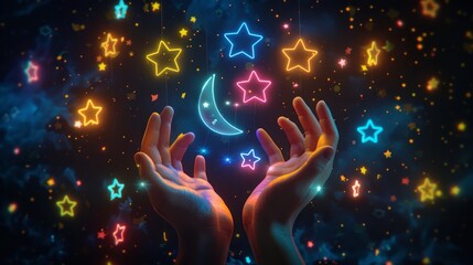 Fantasy glowing star and moon garland held by hands against a black background with vibrant stars shining brightly in the sky, animated energy and soft glow effect in fluorescent yellow color scheme, 
