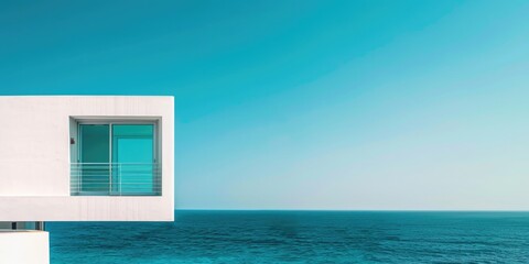 Wall Mural - A white building with a blue window overlooking the ocean