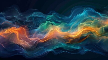 A grainy gradient background in shades of blue, green, and orange, with an abstract flowing wave design and dark backdrop.