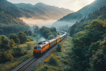 A family taking a scenic train journey through the countryside. Concept of relaxed travel and picturesque views. Generative Ai.