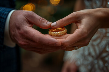Poster - A couple holding hands, exchanging rings. Concept of unity and lifelong commitment. Generative Ai.