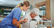 © Azeemud/peopleimages.com - Nurse, senior woman and walking frame with balance, recovery and mobility exercise in house. Elderly patient, steps and rehabilitation for injury, stroke or osteoporosis with healing in nursing home