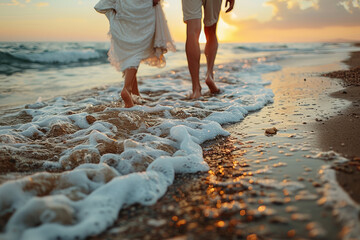 Poster - A bride and groom walking barefoot on the beach. Concept of relaxation and intimacy. Generative Ai.