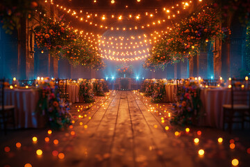 Poster - the wedding reception hall decorated with fairy lights. concept of ambiance and festivity. generativ