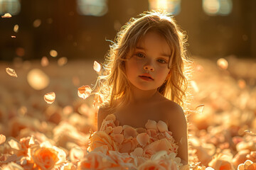 Wall Mural - A flower girl scattering petals along the aisle. Concept of innocence and tradition. Generative Ai.