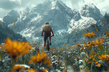 Canvas Print - A cyclist riding through a mountain path. Concept of endurance and adventure. Generative Ai.