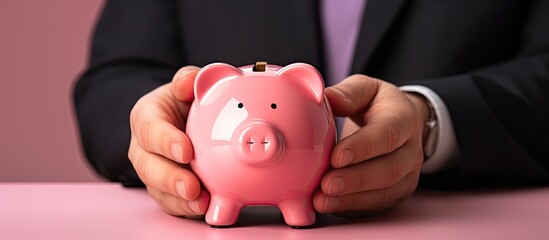 A man gripping a pink piggy bank with ample blank space beside him Symbolizing the notion of money saving or personal savings