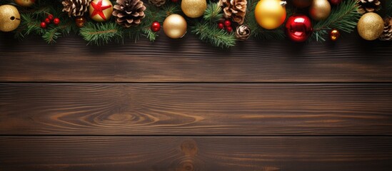 Wall Mural - A festive arrangement of Christmas decorations on a wooden table is viewed from above leaving ample room for text in the image