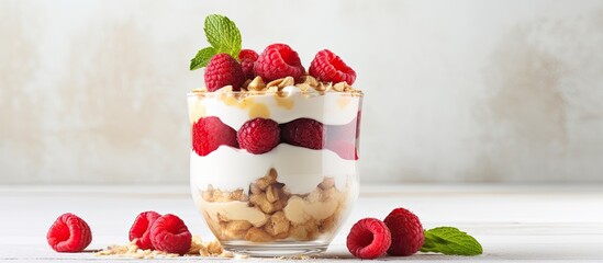 Wall Mural - A delectable morning parfait style dessert with layers of homemade cottage cheese mascarpone oats and fresh raspberries on a sunny white concrete background perfect for a copy space image