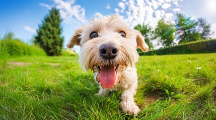  A tight shot of a dog in a lush grassy field, surrounded by trees and boasting a blue sky dotted with wispy clouds and a scattering of fluffy white ones