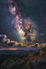 Wall Mural - the sky is filled with stars and a large cloud of white clouds