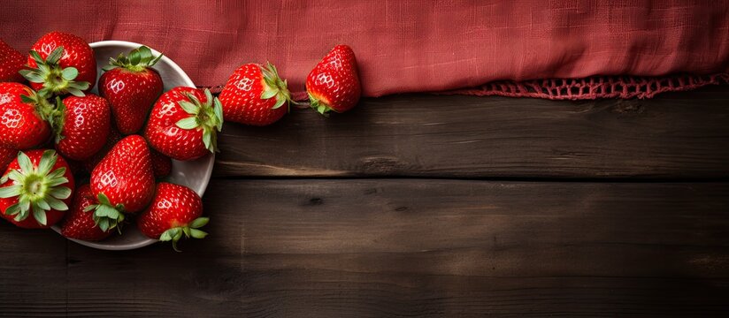 A stunning copy space image of ripe juicy strawberries placed on a rustic wooden surface complemented by charming tea towels