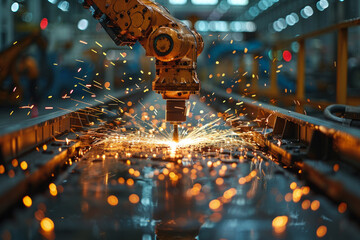 Poster - A robot is cutting metal with sparks flying. The scene is industrial and the robot is the main focus