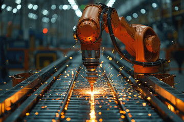 Poster - A robot is working on a metal piece, surrounded by sparks. Concept of industrial activity and the power of technology