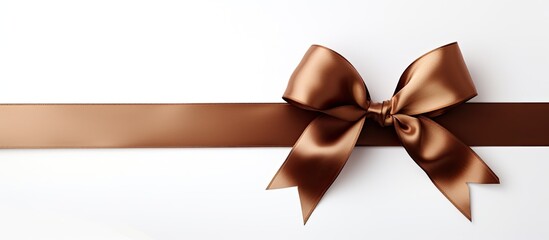 a chocolate silk bow adorned with three ribbons stands alone against a white background in this copy