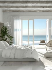 Wall Mural - White bedroom luxury modern style and sea view - 3D rendering