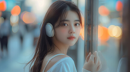 Wall Mural - A beautiful Korean girl is leaning against a wall, listening to music. She is wearing a white short-sleeve T-shirt and jeans. Generative AI.