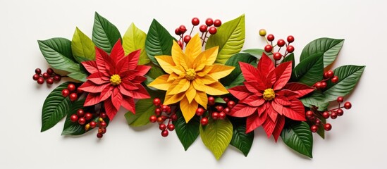 Wall Mural - A Christmas wreath featuring a paper flower poinsettia and holly leaves rests on a white background The wreath is adorned with vibrant colors of green red and yellow A copy space image