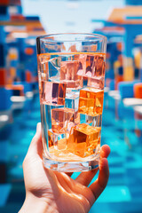 Wall Mural - Hand holding a glass filled with colorful ice cubes against a vibrant, abstract blue background