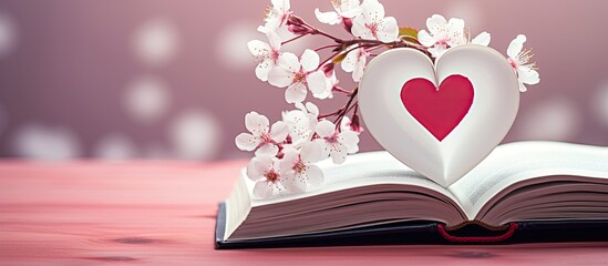 Poster - A red heart is displayed on a book surrounded by papers and pink flowers At the corner there is a copy space image with a white nature background adorned with a branch of cherry blossoms