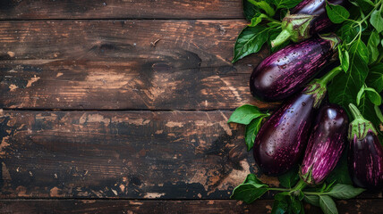 Wall Mural - Fresh, glossy eggplants arranged on a rustic wooden table with green leaves.