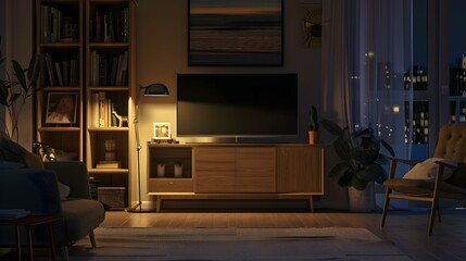 Wall Mural - Tv mockup in living room at night. Tv screen, tv cabinet, chairs, bookshelf