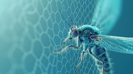  A fly atop a net against a blue backdrop with a light blue hue, featuring a blurred replica of the insect perched above