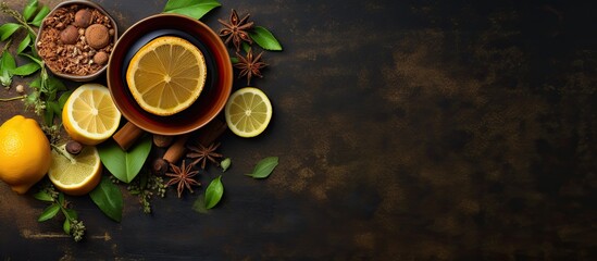 A top view image of a hot drink made with black and green tea lemon honey cinnamon and ginger The copy space is available