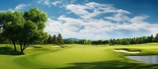 A vibrant golf course with a golf club surrounded by lush green scenery Ideal for a copy space image