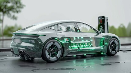 Poster - An electric car and charging station placed on the ground, 3D rendering of transparent car with green battery visible, white background. Generative AI.