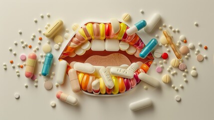 Wall Mural - Colorful Open Mouth Taking Multiple Pills Representing Mental Health, Vitamins, Medicine, and Painkillers