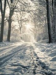 Wall Mural - a snowy forest path with a sun shining through the trees
