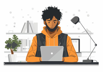 Poster - Modern Technical Support Agent Providing Online Customer Service at Home Office Desk, Minimalistic Vector Illustration with Young Professional on Laptop, Support Concept