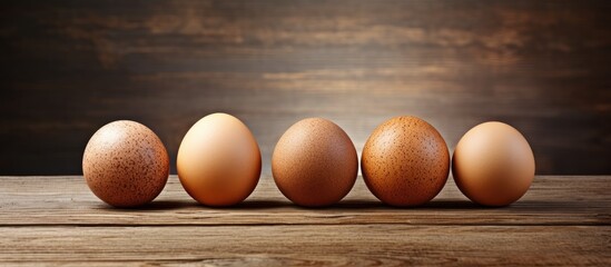 Wall Mural - A copy space image of three eggs rests on a rustic wooden table