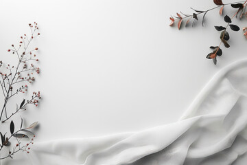 Poster - A white background with a white cloth and some flowers