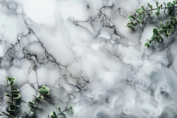 Poster - A marble countertop with a leafy green plant on it. The plant is surrounded by smoke, giving the impression of a mystical or ethereal atmosphere