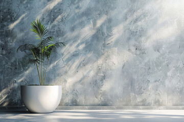 Poster - A white pot with a plant in it sits on a concrete floor in front of a wall. The room is empty and the plant is the only decoration