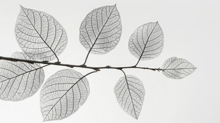 a monochrome image of a tree branch bearing four leaf-shaped leaves against a white backdrop, dotted