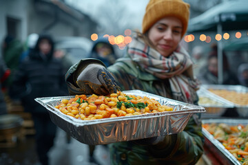 Sticker - A volunteer handing out meals to the homeless. Concept of community assistance. Generative Ai.