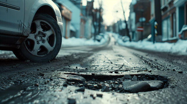 A close-up of the vehicle's wheels traveling along a badly damaged road, where every pothole is a challenge for the driver and the traffic is choppy and chaotic.