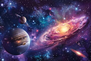 Wall Mural - A colorful space scene with a large planet in the center